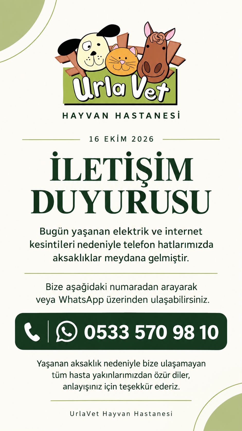 İletişim duyurusu: Elektrik ve internet kesintileri nedeniyle telefon hatlarımızda aksaklıklar yaşanmaktadır. Bize 0533 570 98 10 numarasından arayarak veya WhatsApp üzerinden ulaşabilirsiniz.